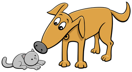 funny dog and little kitten cartoon illustration