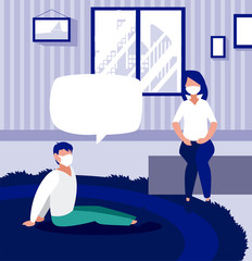 Obraz premium Woman and man sitting with mask and bubble at home vector design