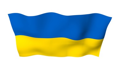 The flag of Ukraine on a white background. National flag and state ensign. Blue and yellow bicolour. 3D illustration waving flag