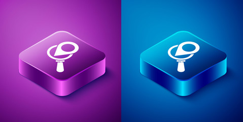 Isometric Search location icon isolated on blue and purple background. Magnifying glass with pointer sign. Square button. Vector Illustration