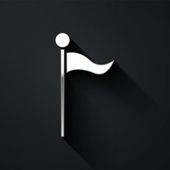 Silver Flag icon isolated on black background. Location marker symbol. Long shadow style. Vector Illustration