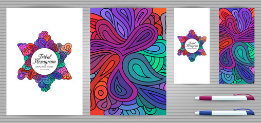 Obraz premium Doodle style hexagram corporate identity templates set . Colorful zentangle jewish design. Ethnic tribal flyer and document mockups.