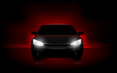 Obraz na płótnie Canvas Silhouette of a car in the dark, headlights. Car lights, night racing, backlight. Vector illustration.