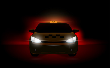Fototapeta na wymiar Vector illustration of car headlights in the dark, red glow, taxi, light, glare.