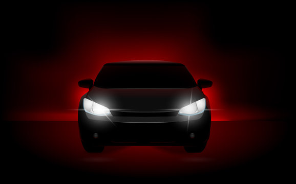 Silhouette of a car in the dark, headlights. Car lights, night racing, backlight. Vector illustration.