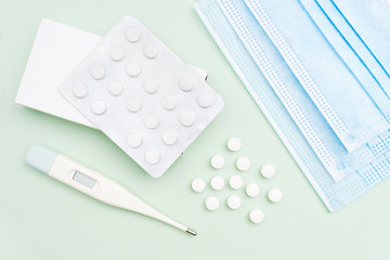 Top view of medical elements related to coronavirus (covid-19)