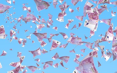 Flying euro banknotes against the sky background. Money is flying in the air. 500 EURO in color. 3D illustration