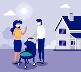 Family with masks outside house vector design