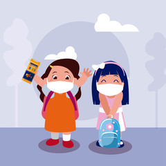 Girls kids cartoons with masks school bags and colors at park vector design