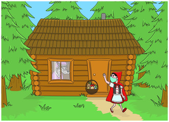 Little Red Riding Hood wears a protective medical mask to prevent the Covid-19 virus and maintains social distancing. Contactless delivery during an epidemic.