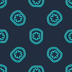 Green line Medical shield with cross icon isolated seamless pattern on blue background. Protection, safety, password security. Vector Illustration