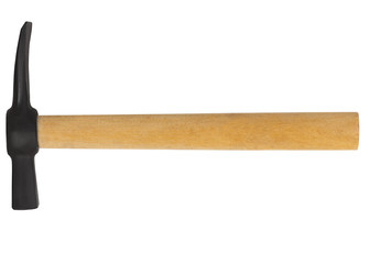 Pickaxe with wooden handle isolated on white background. Horizontal shot