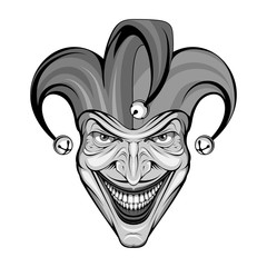 Joker Smile. Posters, Icon, Mascot. Joker esport mascot logo. Jokester head. Jester icon. Buffoon logo. Funster. Creepy clown face. Spooky Halloween masks with angry smile. Jester and Joker character