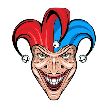 Joker Smile. Posters, Icon, Mascot. Joker esport mascot logo. Jokester head. Jester icon. Buffoon logo. Funster. Creepy clown face. Spooky Halloween masks with angry smile. Jester and Joker character