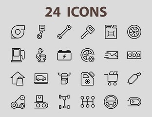 A simple set of car services related vector line icons. Contains icons such as oil, diagnostics, turbine, steering wheel, chassis, gearbox and much more. Editable move. 480x480 On a white background