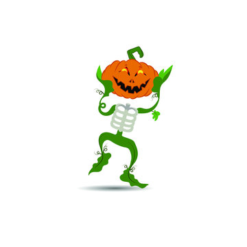 Halloween vector illustration. Stuffed skeleton of a funny pumpkin with arms and legs in the form of leaves on a white background.