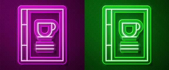 Glowing neon line Coffee book icon isolated on purple and green background. Vector Illustration
