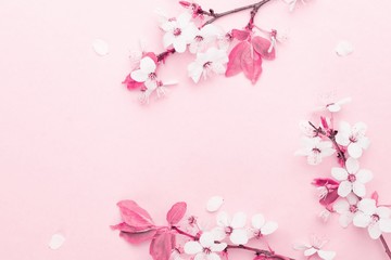 Fototapeta na wymiar April floral nature. Spring blossom and may flowers on pink. For banner, branches of blossoming cherry against background. Dreamy romantic image, landscape panorama, copy space.