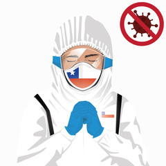 Covid-19 or Coronavirus concept. Chilean medical staff wearing mask in protective clothing and praying for against Covid-19 virus outbreak in Chile. Chilean man and Chile flag. Pandemic corona virus