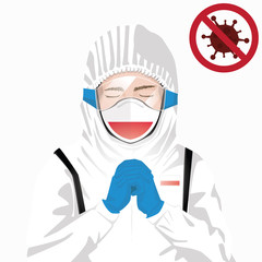 Covid-19 or Coronavirus concept. Polish medical staff wearing mask in protective clothing and praying for against Covid-19 virus outbreak in Poland. Polish man and Poland flag. Pandemic corona virus