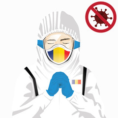 Covid-19 or Coronavirus concept. Romanian medical staff wearing mask in protective clothing and praying for against Covid-19 virus outbreak in Romania. Romanian man and Romania flag. Pandemic virus