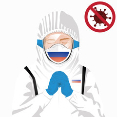 Covid-19 or Coronavirus concept. Russian medical staff wearing mask in protective clothing and praying for against Covid-19 virus outbreak in Russia. Russian man and Russia flag. Pandemic corona virus