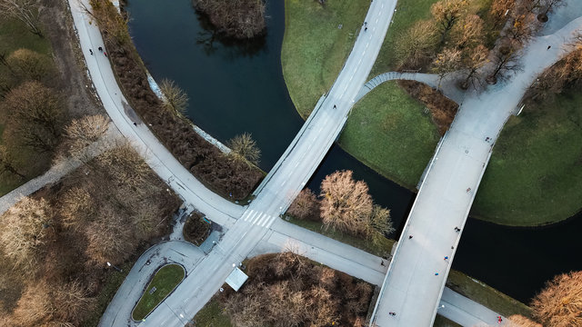 Modern bridge over still water