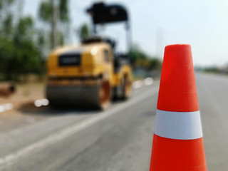 Red rubber cones installed to prevent danger in construction (blur picture)