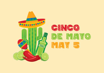 Cinco de Mayo Mexican national holiday with Mexican attributes vector. Mexican national holiday vector. Mexican design elements vector. Cinco de Mayo Poster, May 5. Important day