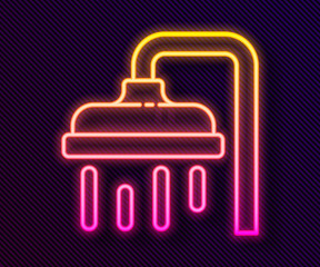 Glowing neon line Shower head with water drops flowing icon isolated on black background. Vector Illustration