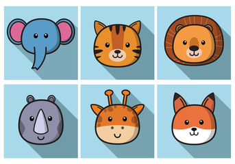 Set Of Cute Cartoon Animals Face Isolated . Vector Flat Design Illustration from Front. Suitable for Web site page, Mobile app and Social Media.