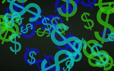 Multicolored translucent dollar signs on dark background. Green tones. 3D illustration