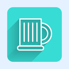 White line Wooden beer mug icon isolated with long shadow. Green square button. Vector Illustration