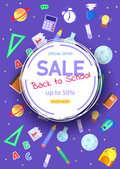 Naklejka premium Back to School Sale Sign. Back to school banner, vector banner set of schoolbags,back to school concept ,colorful. Vertical view
