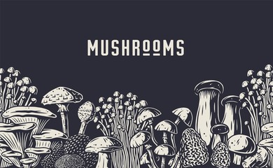 Autumn forest mushroom picking, vegan menu pattern - obrazy, fototapety, plakaty