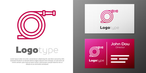 Fototapeta premium Logotype line Garden hose or fire hose icon isolated on white background. Spray gun icon. Watering equipment. Logo design template element. Vector Illustration