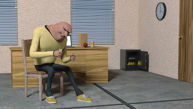 Realistic 3D render illustration of a successful businessman sitting with dollar bills in his hands near an open safe with gold bars and banknotes