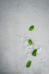 Background of gray color on which ice and green leaves