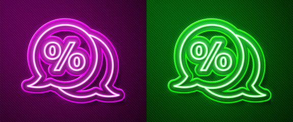 Glowing neon line Discount percent tag icon isolated on purple and green background. Shopping tag sign. Special offer sign. Discount coupons symbol. Vector Illustration