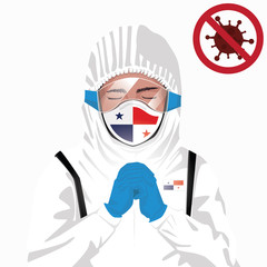 Covid-19 or Coronavirus concept. Panamanian medical staff wearing mask in protective clothing and praying for against Covid-19 virus outbreak in Panama. Panamanian man and Panama flag. Pandemic virus