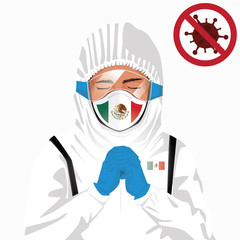 Covid-19 or Coronavirus concept. Mexican medical staff wearing mask in protective clothing and praying for against Covid-19 virus outbreak in Mexico. Mexican man and Mexico flag. Pandemic corona virus