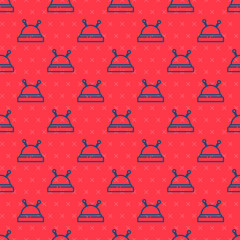 Blue line Needle bed and needles icon isolated seamless pattern on red background. Handmade and sewing theme. Vector Illustration
