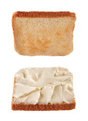 Slices of toasted bread with cream cheese flying isolated on white