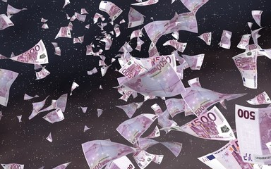 Flying euro banknotes on a outer space starry background. Money flying in the outer space. 500 EURO in color. 3D illustration