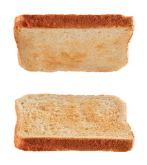 Slices of toasted bread flying isolated on white