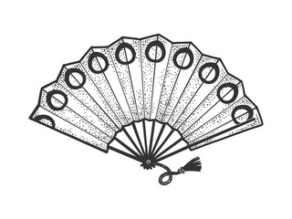 Japanese hand fan sketch engraving vector illustration. T-shirt apparel print design. Scratch board imitation. Black and white hand drawn image.