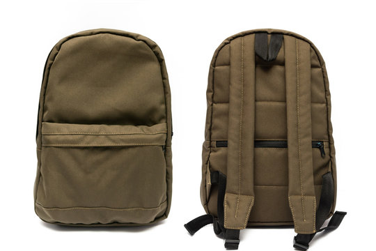 casual khaki cordura backpack front and back view isolated on white