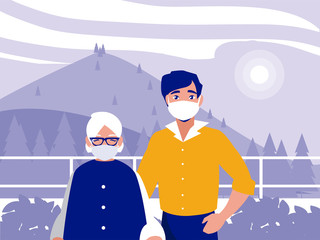 Man and grandmother with mask in front of landscape vector design