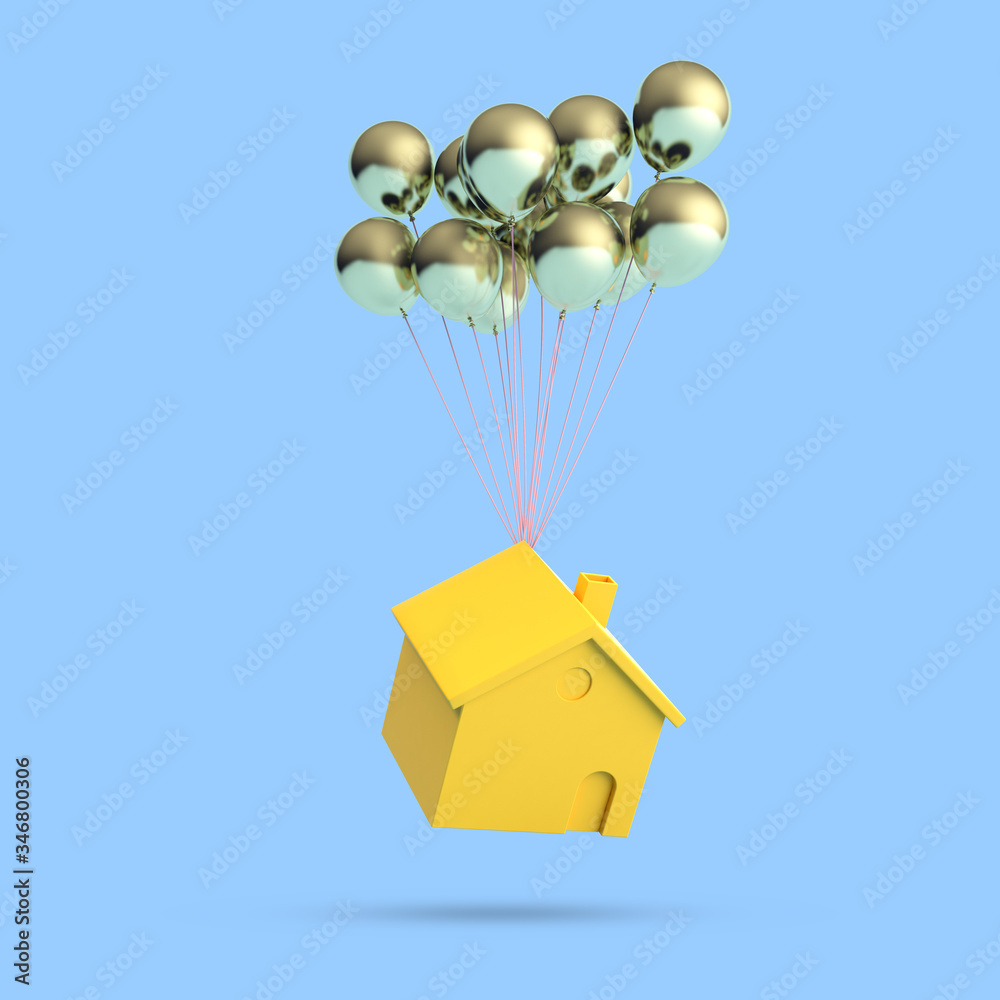 Poster minimal conceptual image of floating yellow house and gold balloons on blue background. 3d rendering