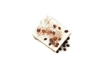 Sweet tiramisu isolated on white background. Tasty dessert